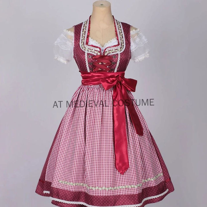 Dirndl-Set weinrot mit kariertem Rock, Spitzenbluse und Satinschleife