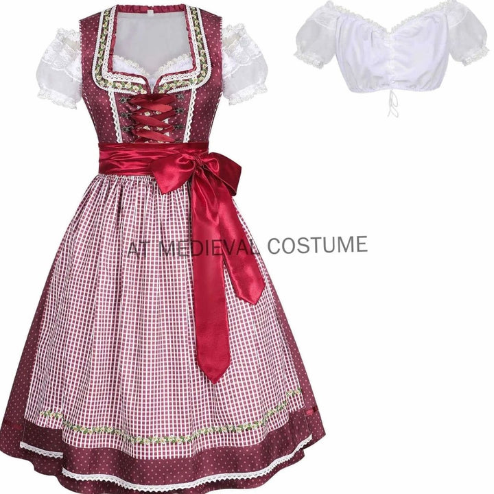 Dirndl-Set mit karierter Schürze, Satinschleife und separater Rüschenbluse