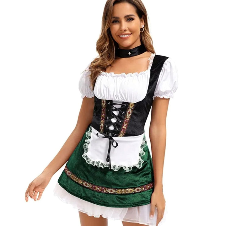 Grünes Oktoberfest-Kostüm mit Spitzenschürze und Korsettschnürung vorne