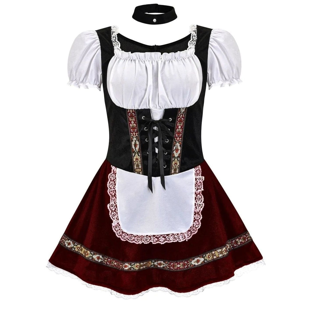 Grünes Dirndl-Set mit Puffärmeln, Spitzenschürze und schwarzem Halsband