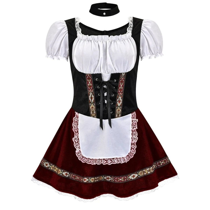Grünes Dirndl-Set mit Puffärmeln, Spitzenschürze und schwarzem Halsband