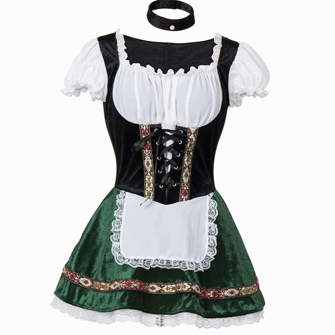Schwarzes Trachtenkostüm mit weißer Bluse, Spitzenschürze und Choker-Set