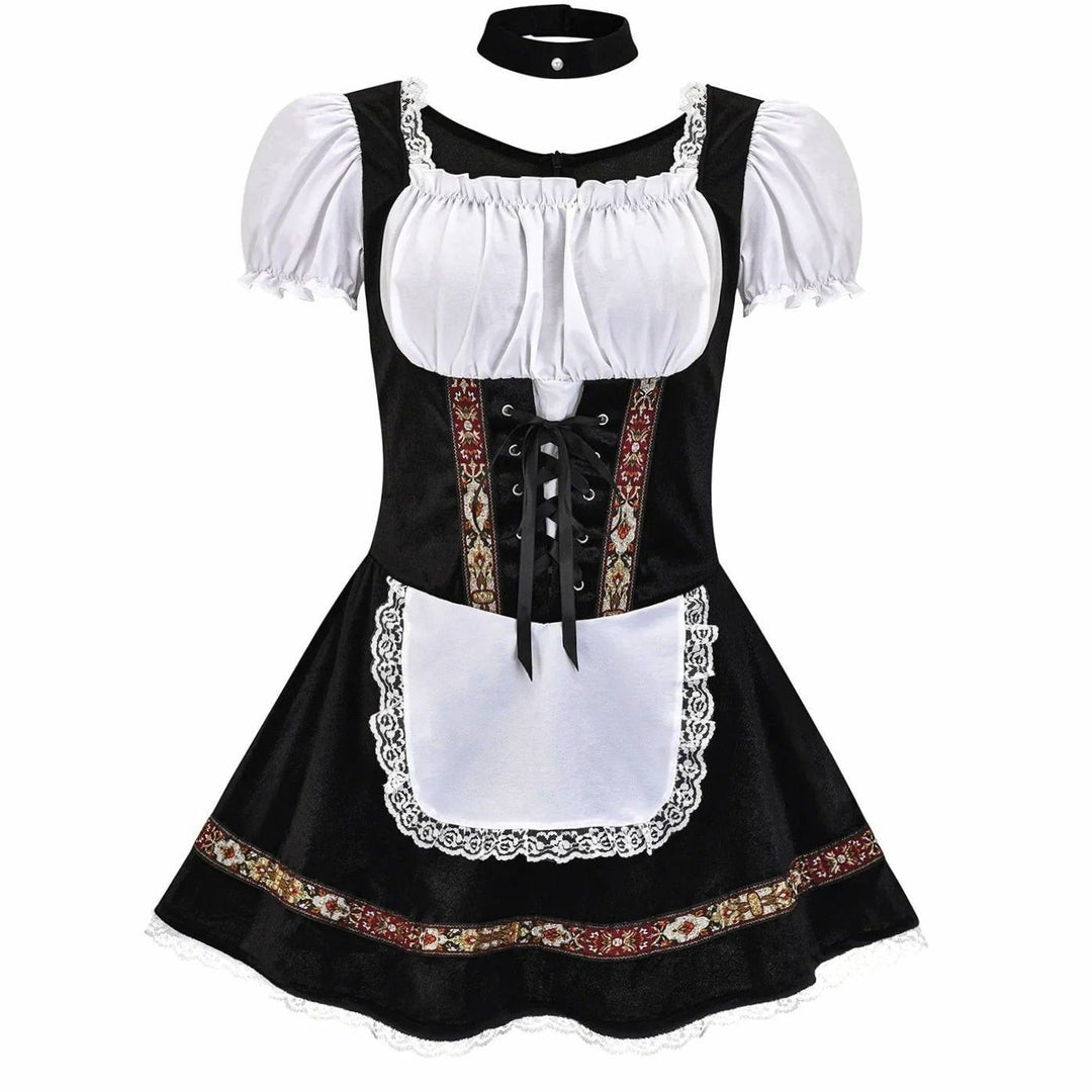 Weinrotes Dirndl-Kostüm mit Puffärmeln und Trachtenmuster am Saum