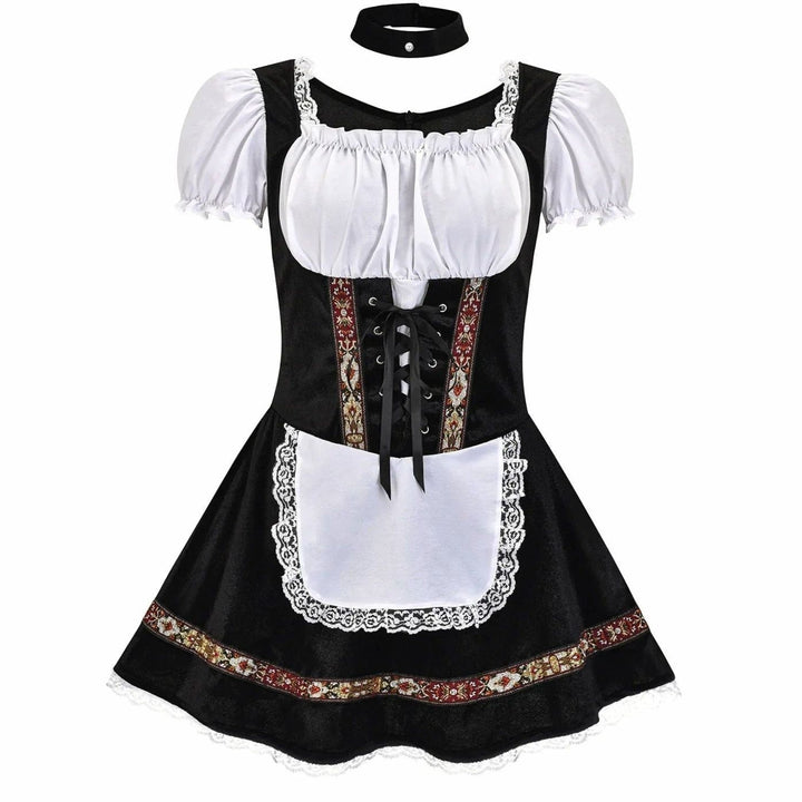 Weinrotes Dirndl-Kostüm mit Puffärmeln und Trachtenmuster am Saum