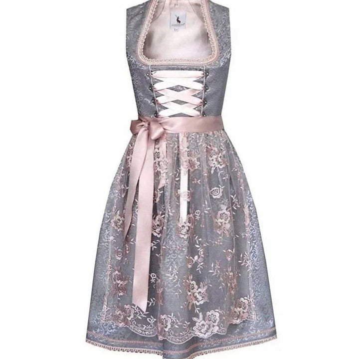 Dirndlkleid in Grau mit rosa Spitzenschürze und Satinschleife