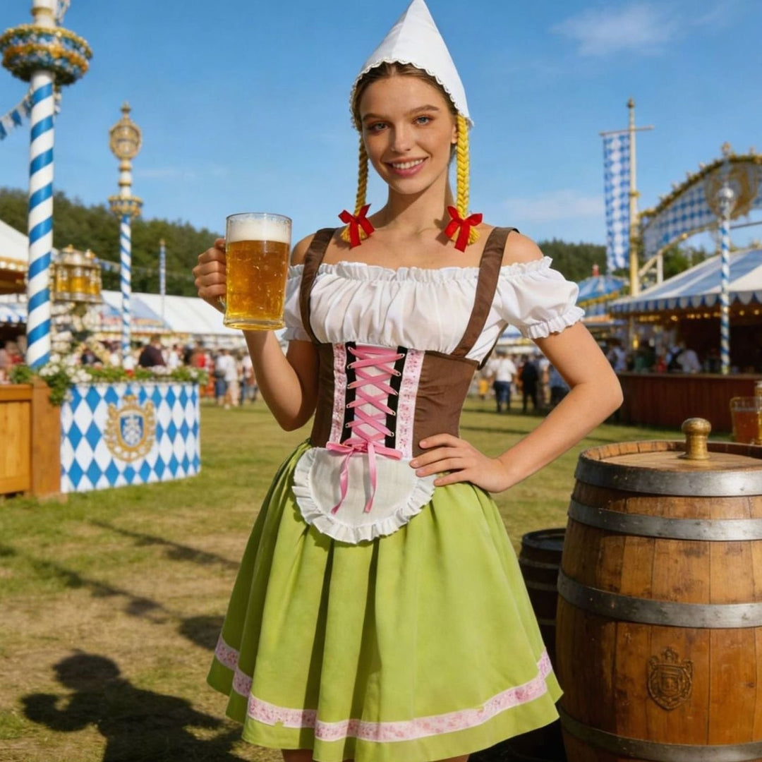 Dirndlkleid in Grün mit Zipfelmütze und Bierkrug beim Oktoberfest getragen