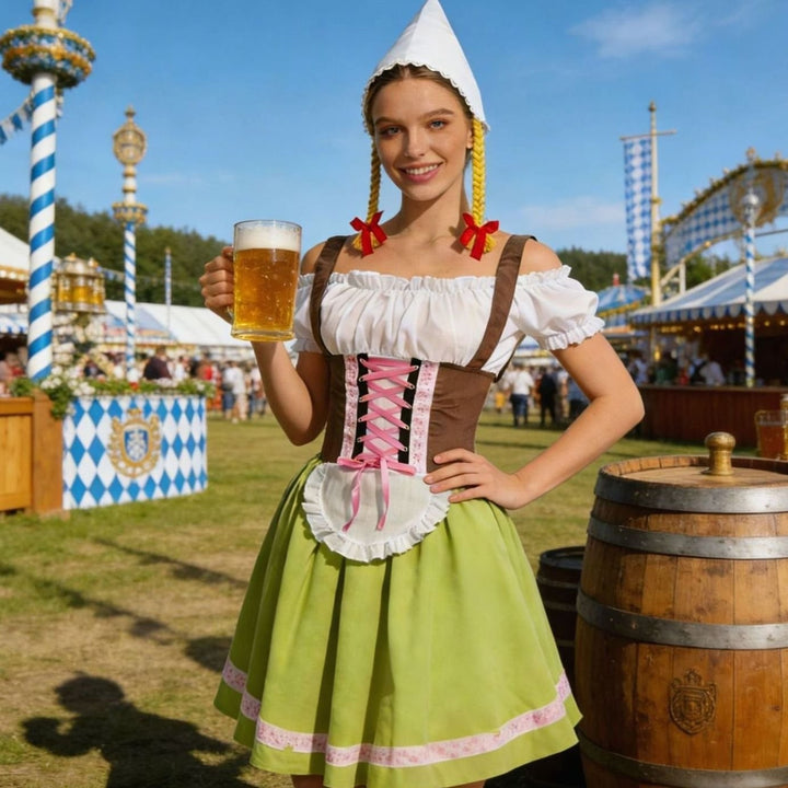 Dirndlkleid in Grün mit Zipfelmütze und Bierkrug beim Oktoberfest getragen