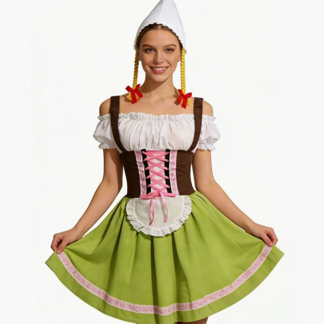 Oktoberfest-Kostüm mit Schürze, Zopfperücke und spitzer weißer Haube