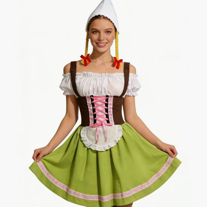 Oktoberfest-Kostüm mit Schürze, Zopfperücke und spitzer weißer Haube