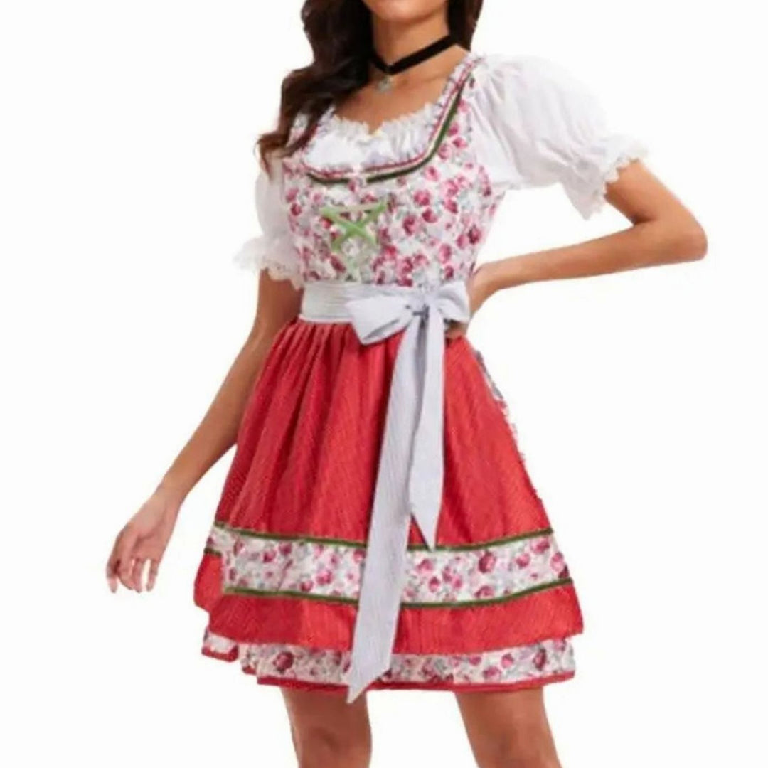 Rot-weißes Blumendirndl mit grauer Schleife und Schnürung