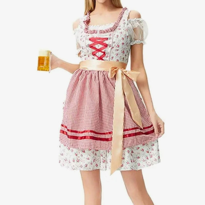 Rot-weiß kariertes Dirndl mit goldener Schleife und Spitzenärmeln