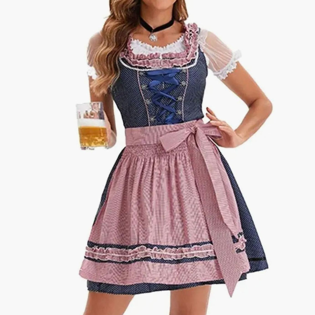Blaues Dirndl mit rosa Schürze und Rüschenbesatz, Trachtenkleid