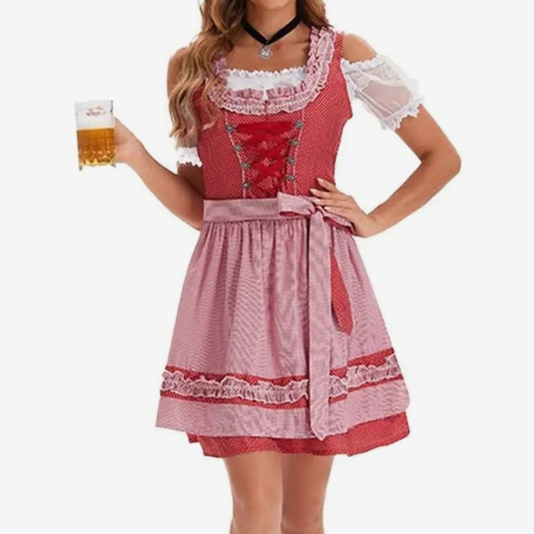 Rotes Dirndl mit rosa Schürze und Schnürung, Trachtenkleid