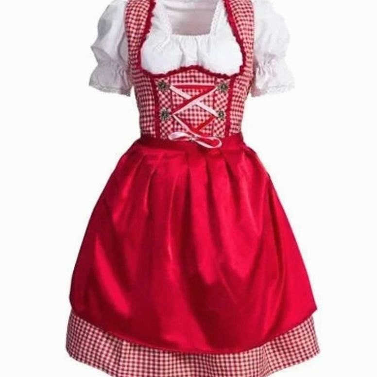 Dirndlkleid rot-weiß kariert mit rotem Satinschürzchen und weißer Rüschenbluse