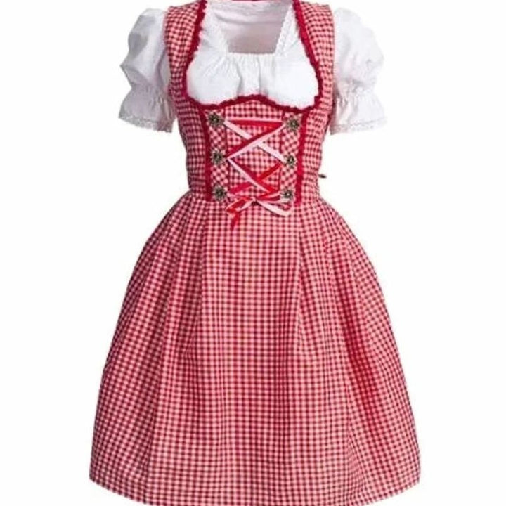 Karierte Dirndl-Damenmode in Rot-Weiß mit Schnürung und Rüschenbluse