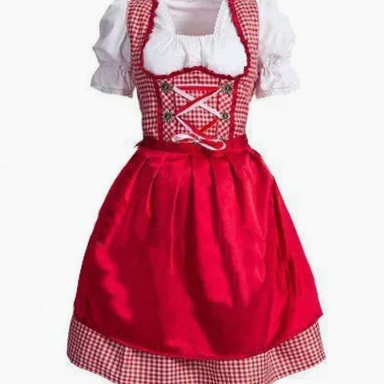 Traditionelles Oktoberfest-Dirndl mit roter Schürze über rot-weißem Karomuster