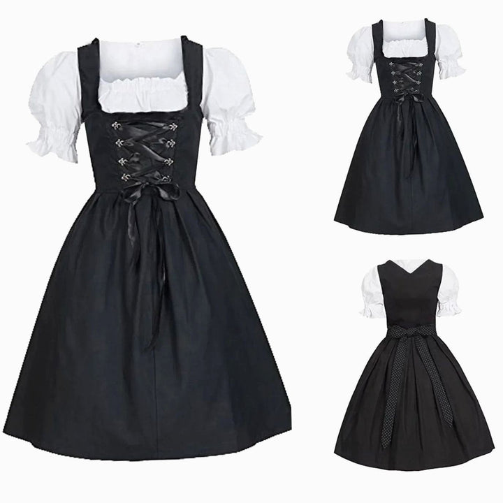 Dirndlkleid schwarz mit weißer Puffärmelbluse und Schnürung, verschiedene Ansichten