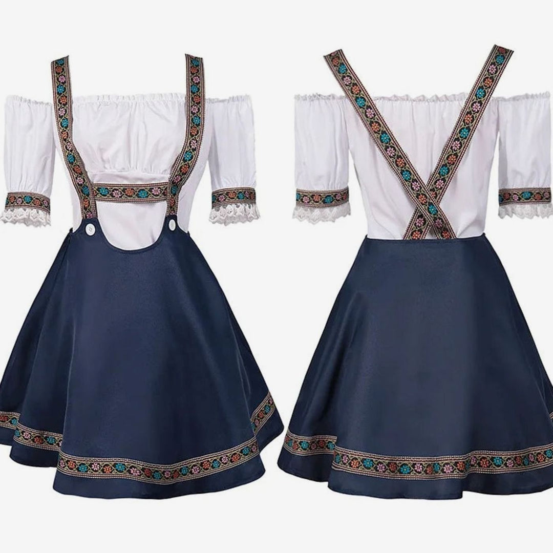 Dirndl-Set mit weißer Carmenbluse und marineblauem Trägerrock, Vorder- und Rückansicht