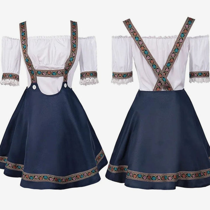 Dirndl-Set mit weißer Carmenbluse und marineblauem Trägerrock, Vorder- und Rückansicht