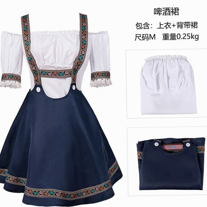 Produktübersicht Dirndl-Set aus Carmenbluse und Trägerrock mit Verpackungshinweis