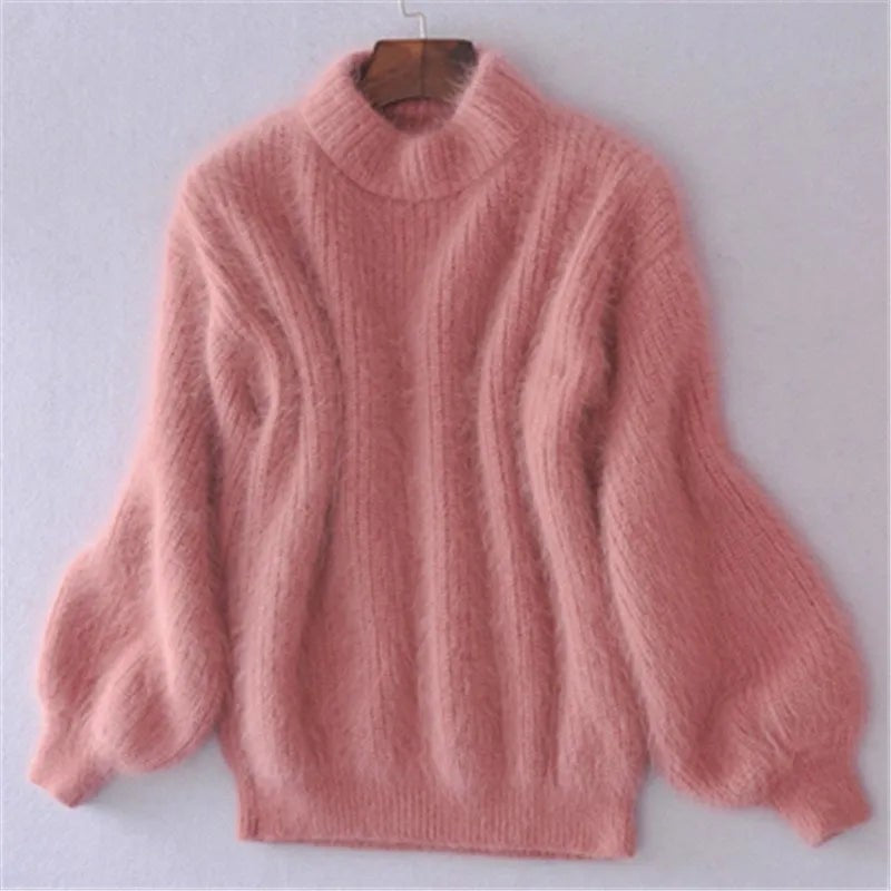 Rosa Strickpullover mit Stehkragen und locker geschnittenen Ärmeln