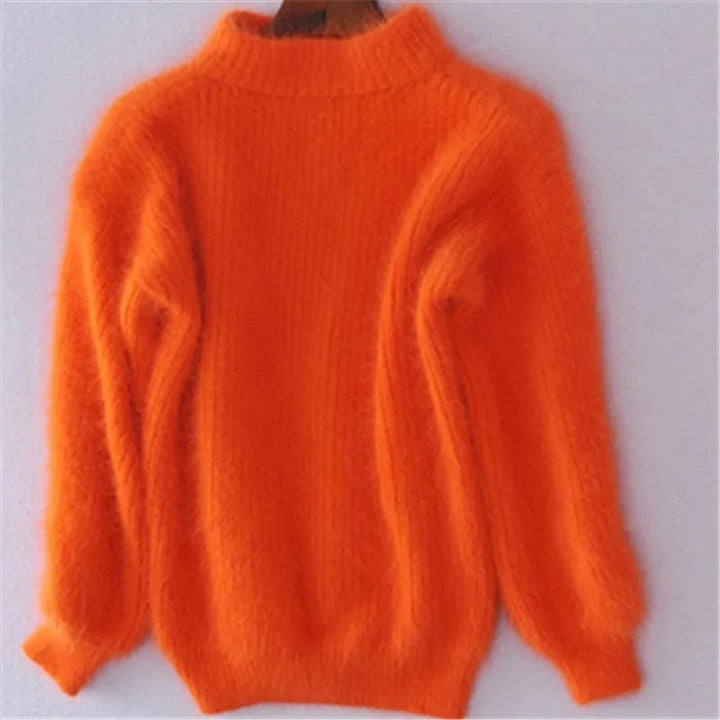 Oranger Angora-Pullover mit Rollkragen und voluminösen Ärmeln