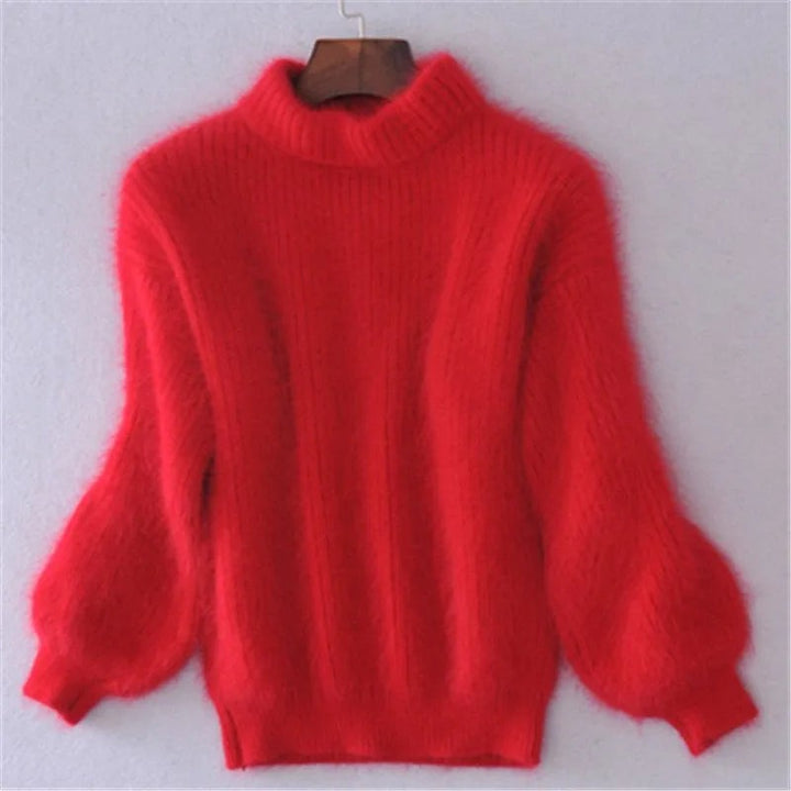 Roter Mohair-Pullover mit Rollkragen und weiten Ballonärmeln
