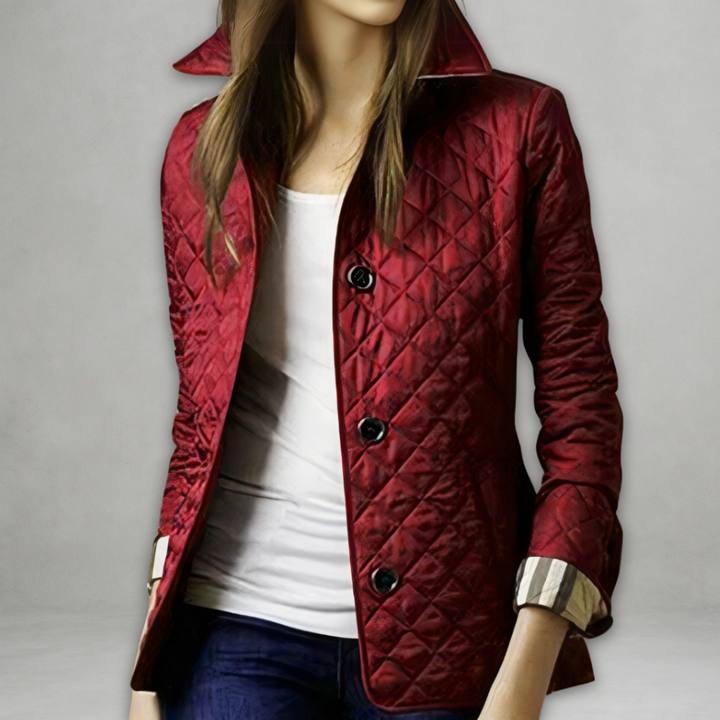 Bordeauxrote Steppjacke mit Stehkragen und geknöpfter Front