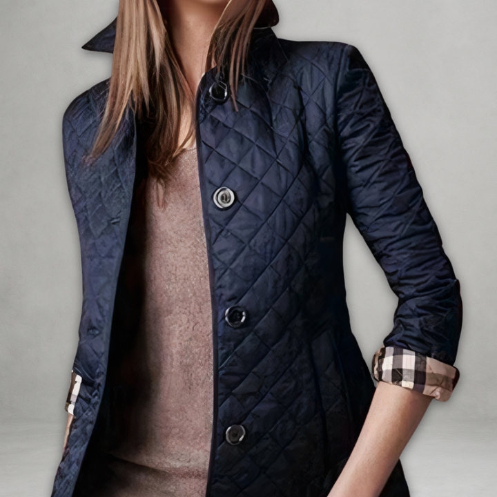 Dunkelblaue Steppjacke mit kariertem Ärmelfutter und Knopfleiste