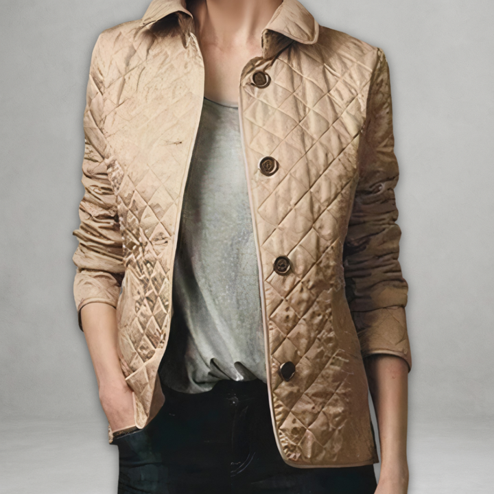 Beige Steppjacke mit Hemdkragen und dezenter Rautensteppung