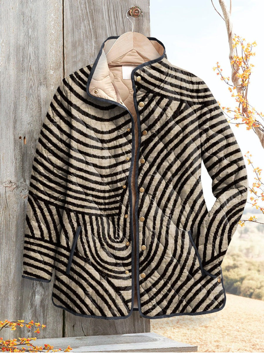 Gesteppte Damenjacke mit gestreiftem Wirbelmuster in Beige und Schwarz