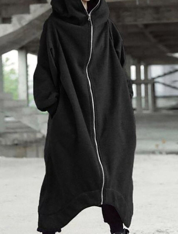 Schwarzer Oversize-Mantel mit Kapuze, Reißverschluss und Zackensaum