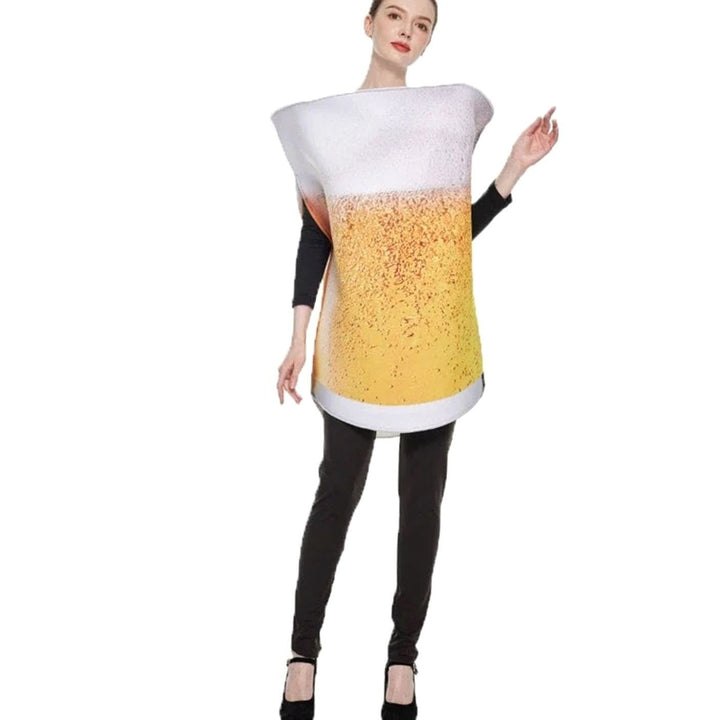 Bierglas-Kostüm mit Schaumkrone-Motiv, kombiniert mit schwarzer Leggings