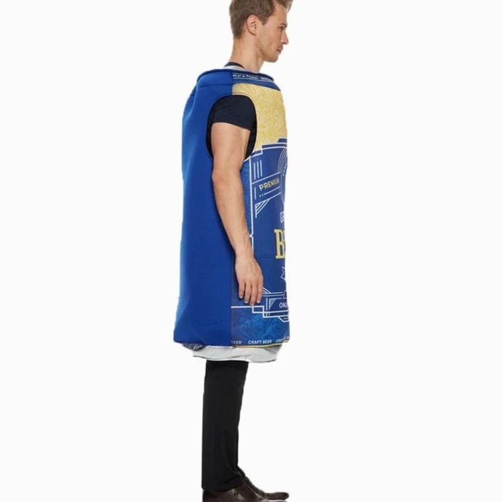 Seitenansicht des blauen Bierdosen-Kostüms mit realistischem Etikettendruck