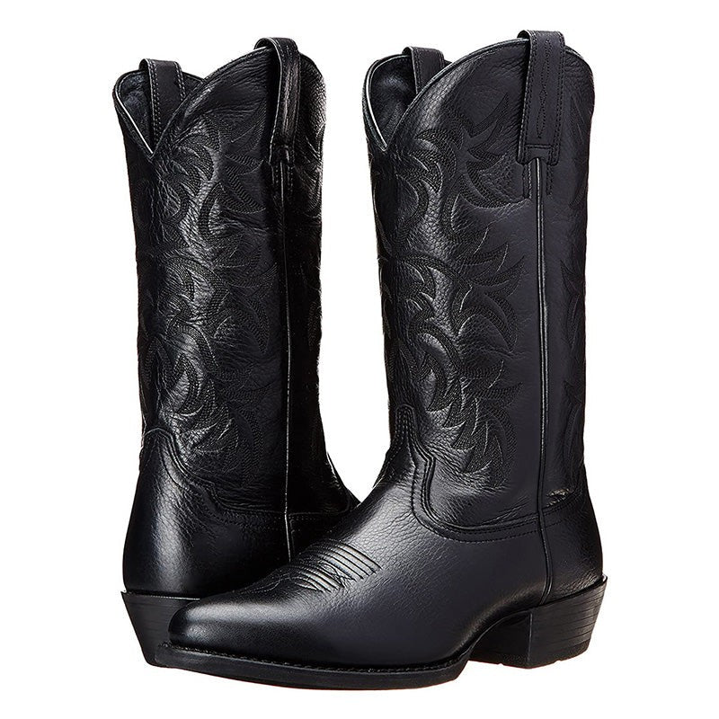 Cowboystiefel aus schwarzem Leder mit spitzer Zehenform und Stickmuster