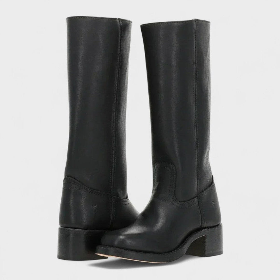 Schwarze Lederstiefel im Western-Stil mit hohem Schaft und Blockabsatz