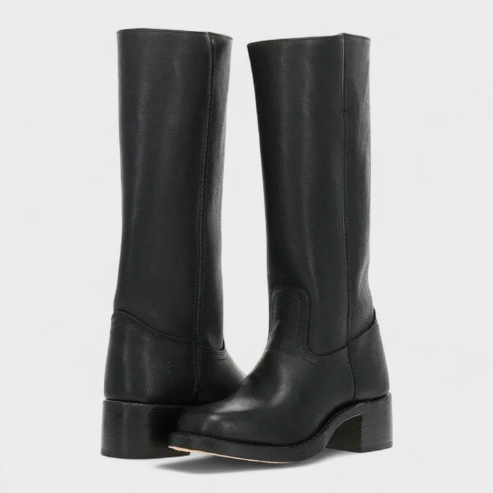 Schwarze Lederstiefel im Western-Stil mit hohem Schaft und Blockabsatz