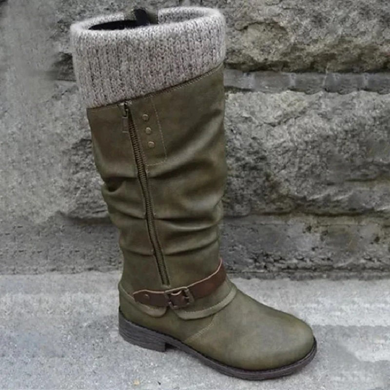 Khakifarbener Kniestiefel mit Reißverschluss und Wildlederoptik