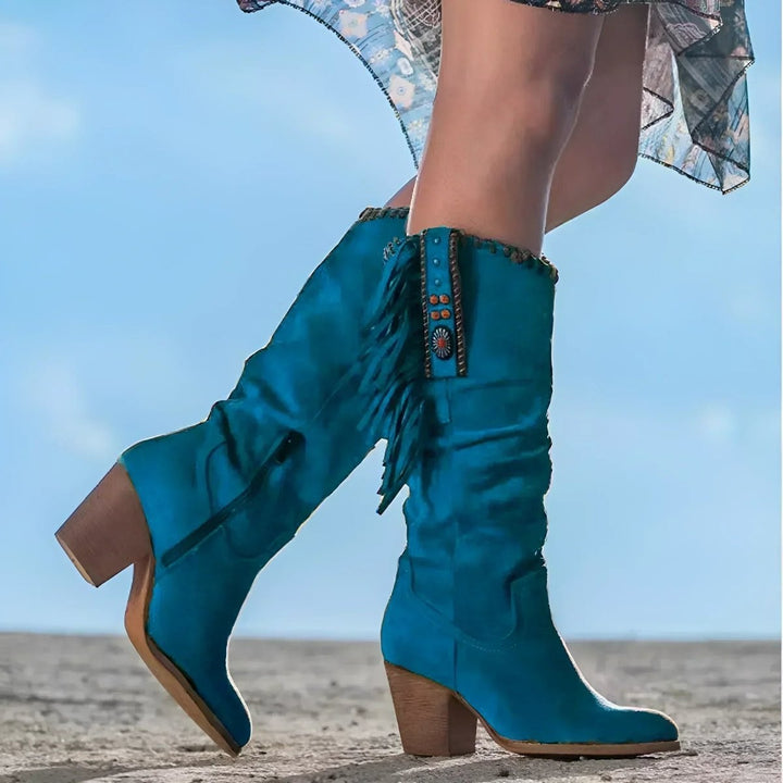 Wildleder Western Stiefel in Türkis mit Fransen und Konchoschmuck