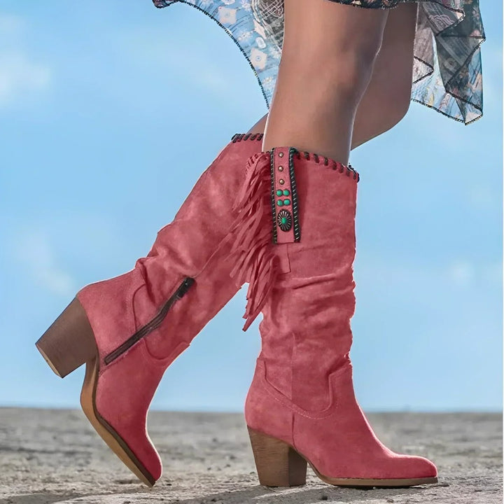 Cowboy Boots in Korallrot mit Fransenbesatz und Wildleder-Optik