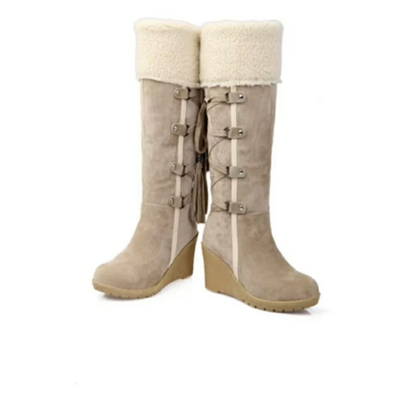 Beige Wildleder-Stiefel mit cremefarbenem Fellumschlag und Fransen, Frontansicht