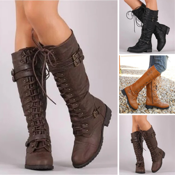Kniehohe Schnürstiefel in Braun, Schwarz und Cognac mit Schnallendetails, Bildercollage