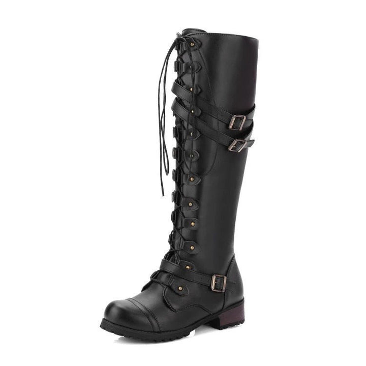 Schwarzer Schnürstiefel kniehoch mit Schnallen und Nietendetails