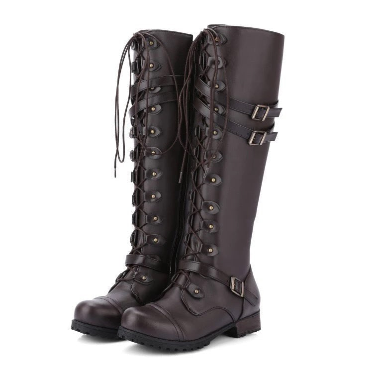 Braune Kniehohe Schnürstiefel mit Doppelschnallen im Used-Look