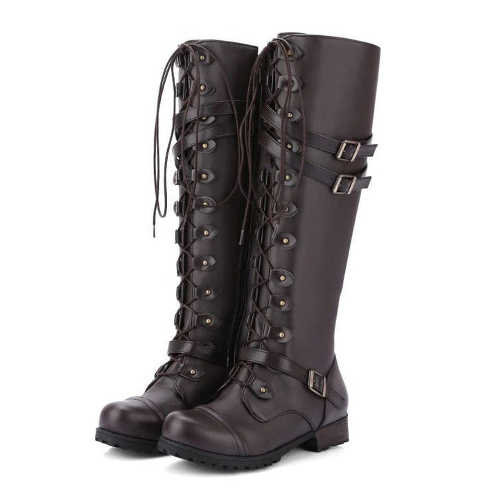 Braune Kniehohe Schnürstiefel mit Doppelschnallen im Used-Look