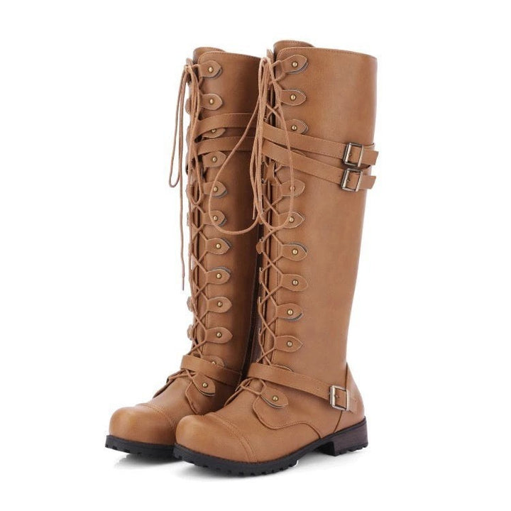 Camelfarbene Schnürstiefel kniehoch mit Riemen und Schnallenverschluss