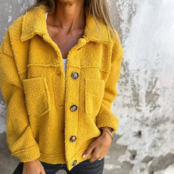 Senfgelbe Teddyfleece-Jacke mit Reverskragen und aufgesetzten Taschen
