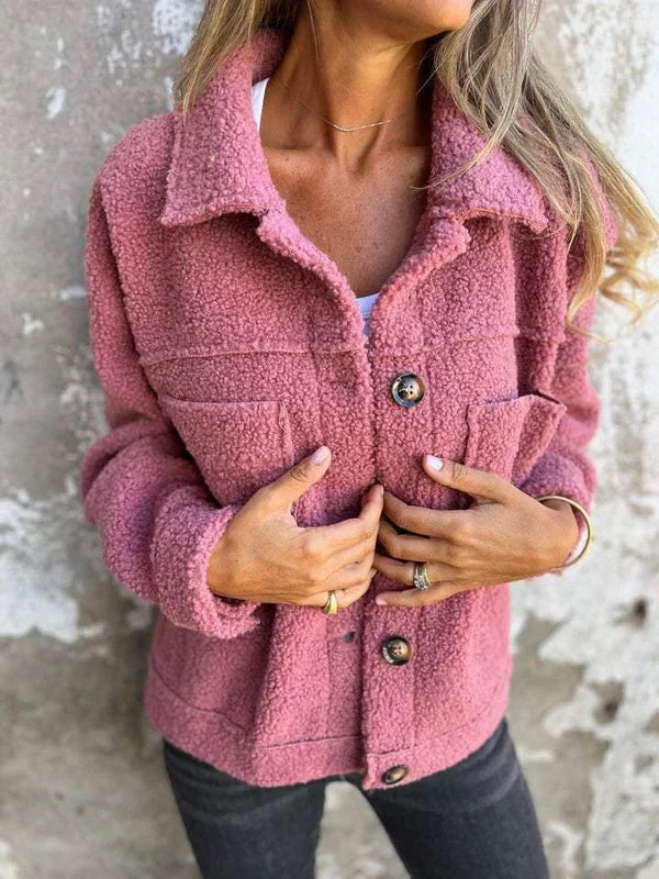 Altrosa Teddyfleece-Jacke mit Knopfverschluss und Reverskragen