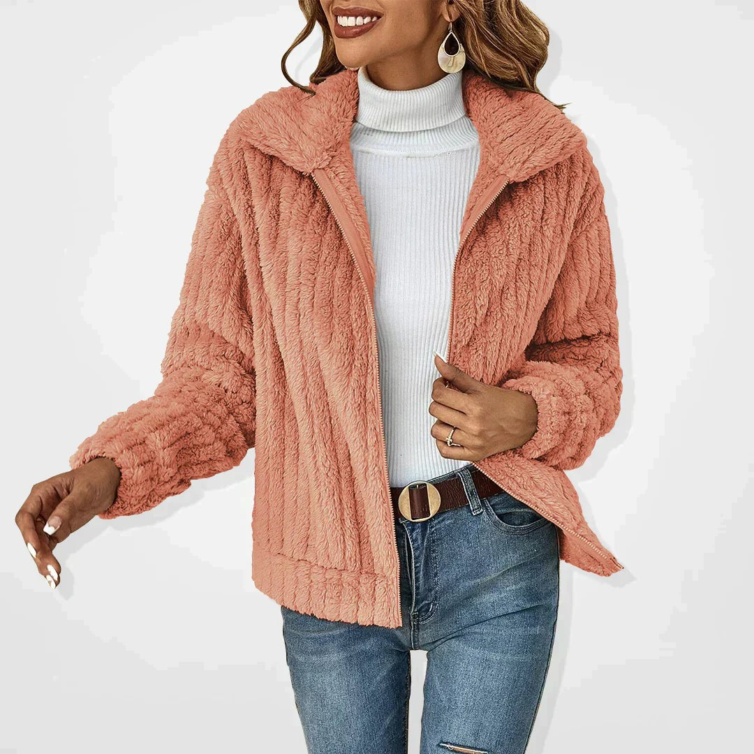 Lachsfarbene Kuscheljacke mit Zipper und plüschiger Rippenstruktur