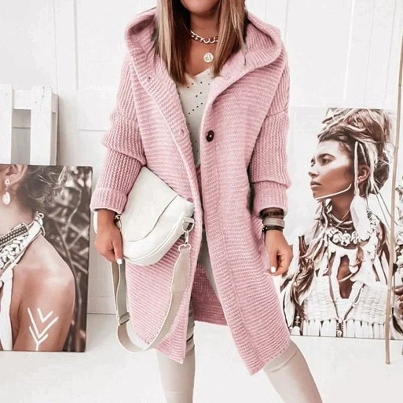 Rosafarbene lange Strickjacke mit Kapuze und lässigem Oversize-Look